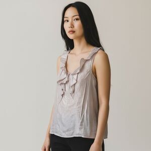 Express M Metallic Cream Sleeveless Ruffled Top Preppy Boardwalk Professional